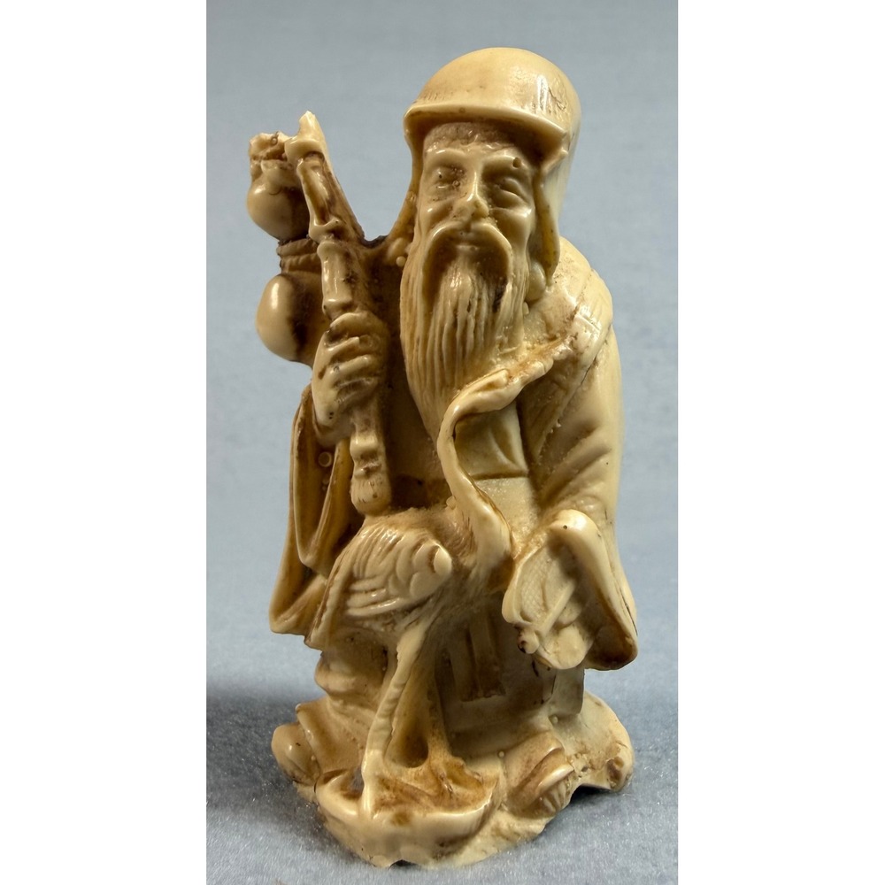 Vintage Shou Lao Chinese God of Longevity Resin Figurine with Crane and Gourd - Picture 4 of 9